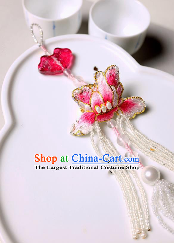 Chinese Traditional Jewelry Accessories Classical Embroidered Pink Mangnolia Tassel Brooch for Women