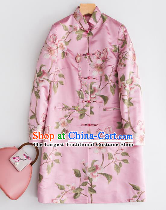 Chinese Traditional National Costume Tang Suit Embroidered Pink Coat Outer Garment for Women