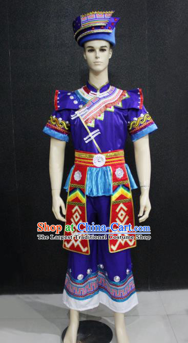 Chinese Traditional Ethnic Bridegroom Folk Dance Purple Costume Zhuang Nationality Festival Clothing for Men