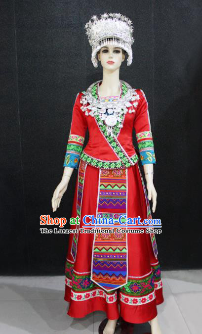 Chinese Traditional Miao Nationality Wedding Red Dress Ethnic Folk Dance Costume for Women