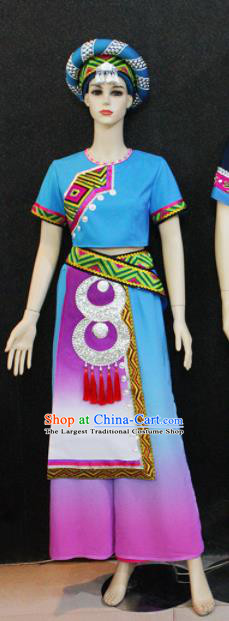 Chinese Traditional Zhuang Nationality Female Blue Dress Ethnic Folk Dance Costume for Women