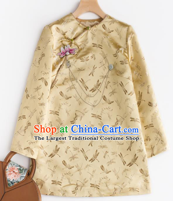 Chinese Traditional National Costume Tang Suit Golden Brocade Jacket Upper Outer Garment for Women