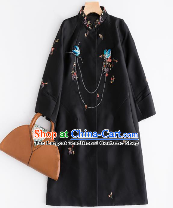 Chinese Traditional National Costume Tang Suit Black Dust Coat Embroidered Upper Outer Garment for Women