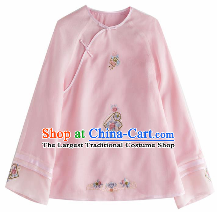 Chinese Traditional National Costume Tang Suit Embroidered Pink Blouse Upper Outer Garment for Women