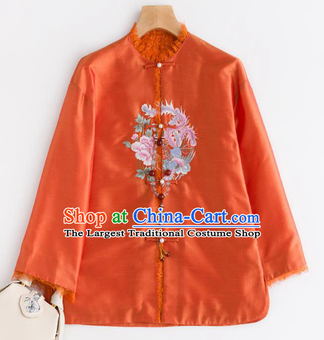 Chinese Traditional National Costume Tang Suit Upper Outer Garment Embroidered Orange Jacket for Women