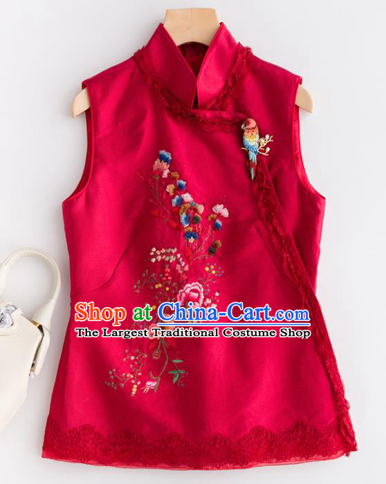 Traditional Chinese National Costume Tang Suit Rosy Vest Upper Outer Garment for Women