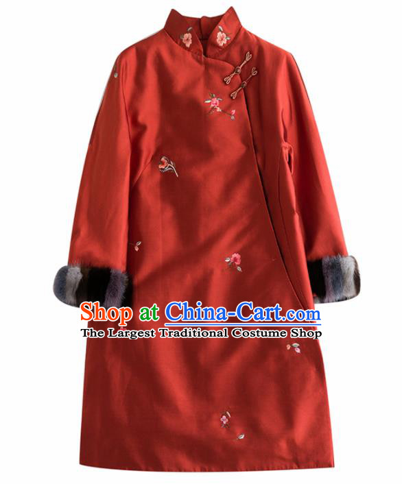 Chinese Traditional National Costume Tang Suit Cheongsam Winter Rust Red Qipao Dress for Women