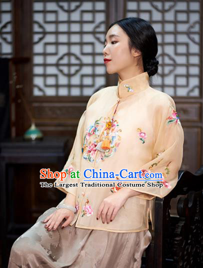 Chinese Traditional Tang Suit Embroidered Beige Silk Blouse National Costume Upper Outer Garment for Women