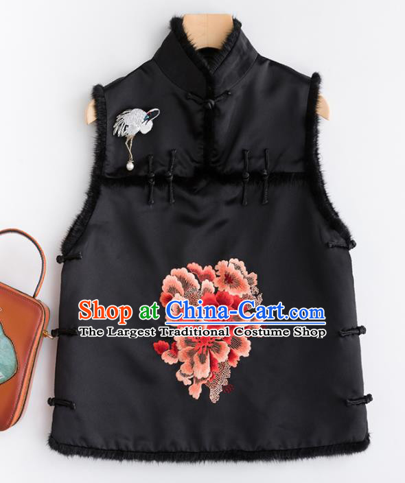 Traditional Chinese National Costume Tang Suit Embroidered Peony Black Waistcoat for Women