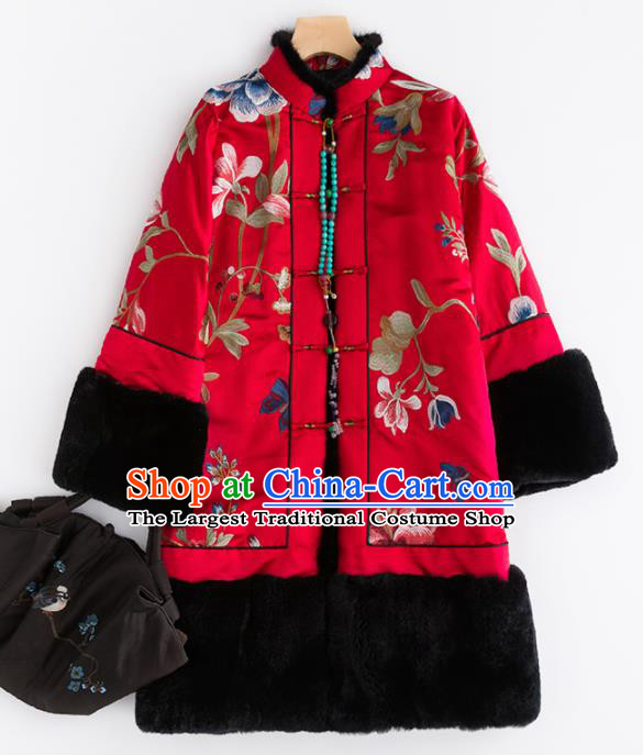 Chinese Traditional Tang Suit Red Cotton Padded Coat National Costume Upper Outer Garment for Women