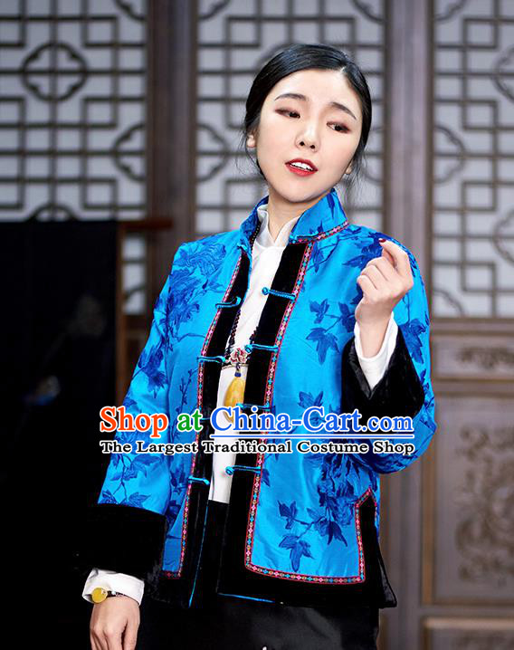 Chinese Traditional Tang Suit Blue Cotton Padded Jacket National Costume Outer Garment for Women