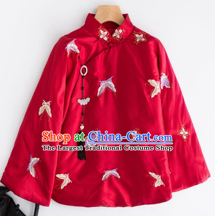 Chinese Traditional Tang Suit Embroidered Butterfly Red Cotton Padded Jacket National Costume Outer Garment for Women