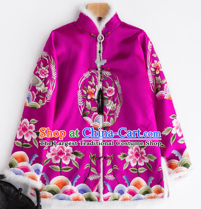 Chinese Traditional Costume National Tang Suit Rosy Cotton Padded Jacket Outer Garment for Women