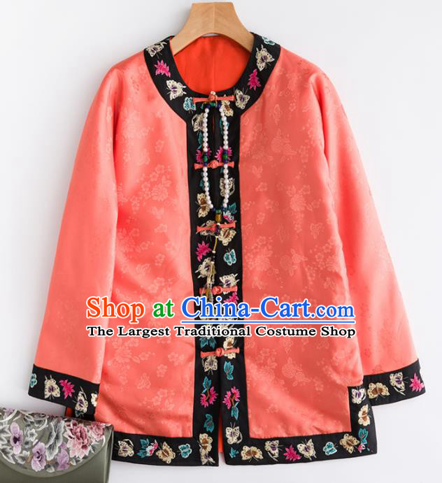 Chinese Traditional Costume National Tang Suit Watermelon Red Blouse Outer Garment for Women