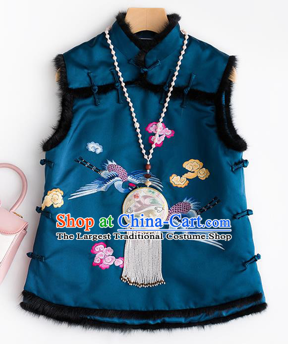 Traditional Chinese National Costume Embroidered Cranes Blue Vest Tang Suit Waistcoat for Women