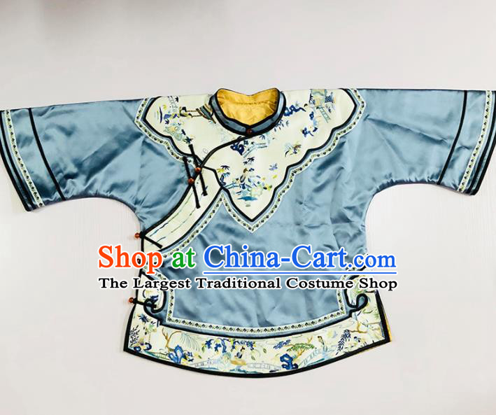 Chinese Traditional National Costume Tang Suit Upper Outer Garment Blue Silk Blouse for Women