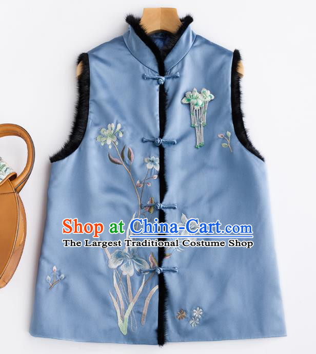 Traditional Chinese National Costume Blue Vest Tang Suit Waistcoat for Women