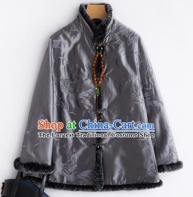 Chinese Traditional National Costume Tang Suit Embroidered Grey Cotton Padded Jacket for Women