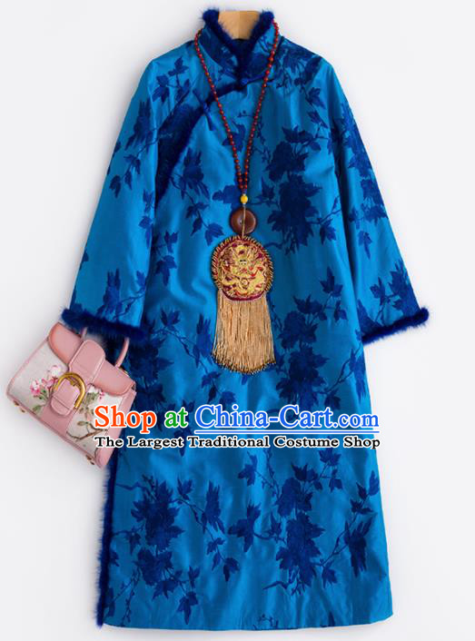 Chinese Traditional National Costume Tang Suit Cheongsam Winter Royalblue Qipao Dress for Women