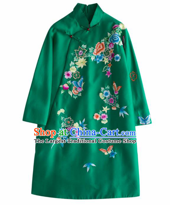 Chinese Traditional National Costume Tang Suit Embroidered Green Coat for Women