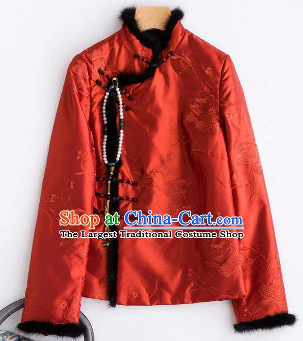 Chinese Traditional National Costume Tang Suit Embroidered Red Cotton Padded Jacket for Women