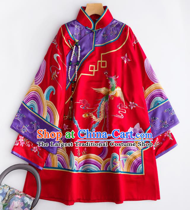 Chinese Traditional National Costume Tang Suit Embroidered Red Silk Blouse for Women