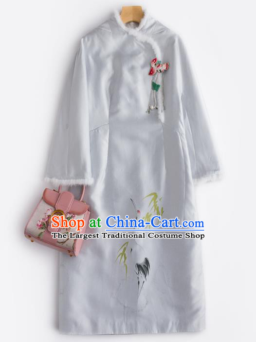 Chinese Traditional National Costume Tang Suit Embroidered Light Grey Dust Coat for Women