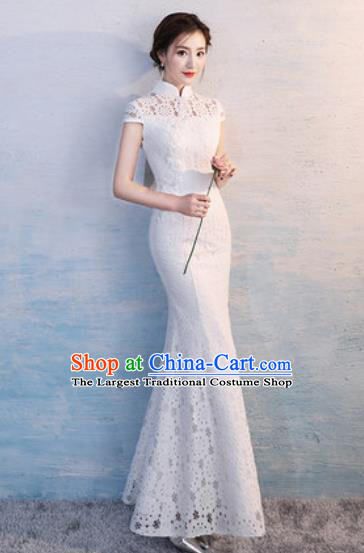 Chinese Traditional National Costume Classical Wedding Cheongsam Embroidered White Lace Full Dress for Women