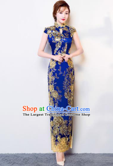 Chinese Traditional National Costume Classical Wedding Cheongsam Royalblue Full Dress for Women