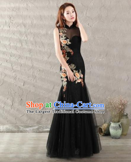 Chinese Traditional National Costume Classical Wedding Black Veil Fishtail Full Dress for Women