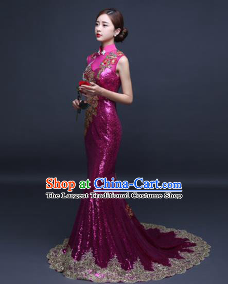 Chinese Traditional Wedding Costume Classical Rosy Trailing Full Dress for Women