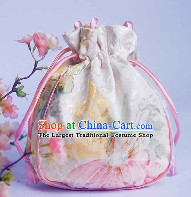 Chinese Traditional Hanfu Accessories Classical Embroidered White Silk Handbag for Women