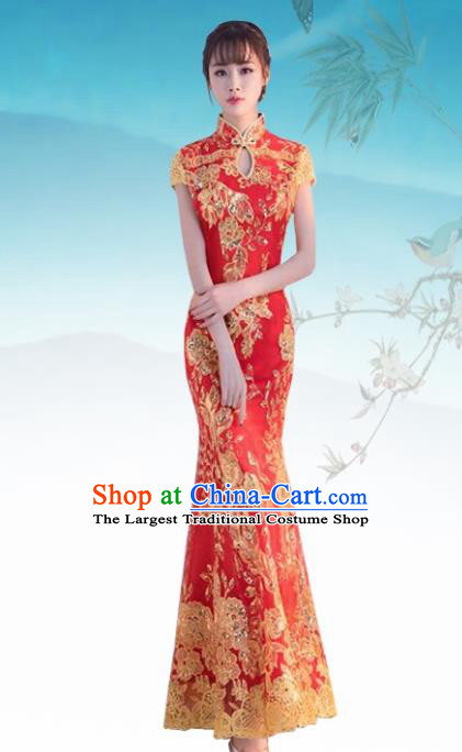 Chinese Traditional Wedding Costume Classical Embroidered Red Full Dress for Women