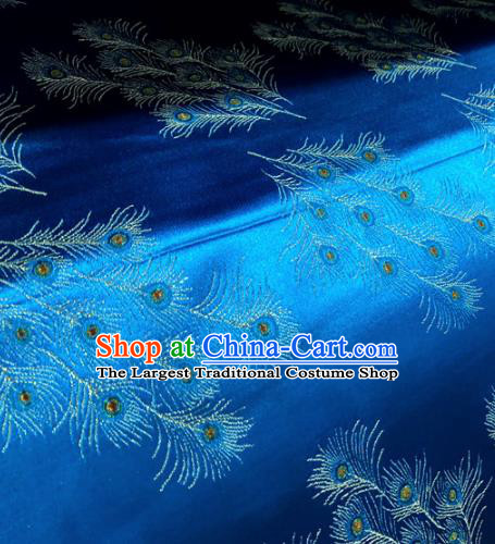 Chinese Traditional Buddhism Feathers Pattern Design Blue Brocade Silk Fabric Tibetan Robe Satin Fabric Asian Material