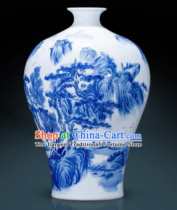 Chinese Jingdezhen Ceramic Landscape Painting Prunus Vase Handicraft Traditional Blue and White Porcelain Vase