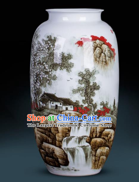 Chinese Jingdezhen Ceramic Craft Hand Painting Landscape Vase Enamel Handicraft Traditional Porcelain Vase