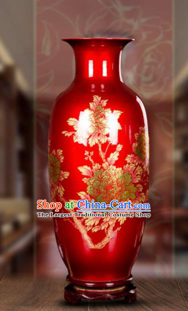 Chinese Jingdezhen Ceramic Craft Printing Peony Pattern Red Enamel Vase Handicraft Traditional Porcelain Vase