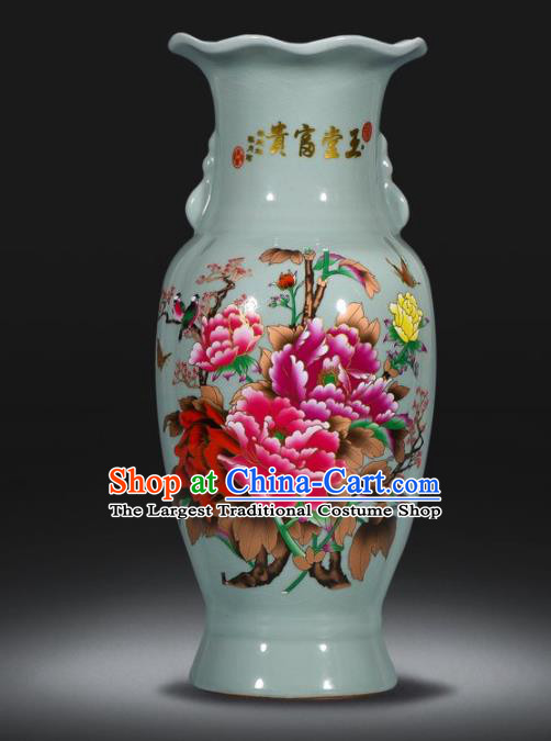 Chinese Jingdezhen Ceramic Craft Printing Peony Enamel Vase Handicraft Traditional Porcelain Vase