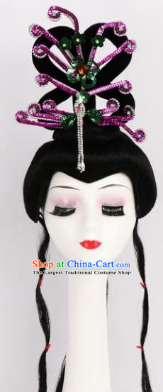 Chinese Ancient Peri Wigs and Rosy Phoenix Tassel Hairpins Traditional Peking Opera Artiste Hair Accessories for Women