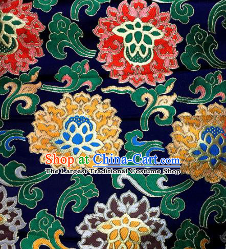 Chinese Traditional Buddhism Lotus Pattern Navy Brocade Silk Fabric Tibetan Robe Satin Fabric Asian Material