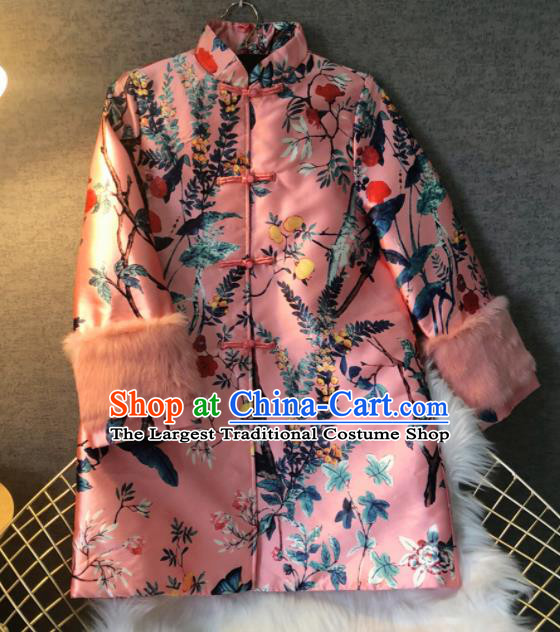 Chinese Traditional National Costume Pink Cotton Padded Coat Embroidered Tang Suit Outer Garment for Women