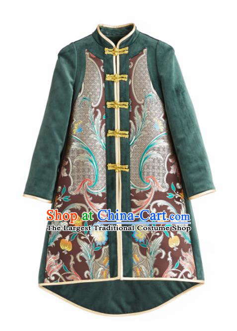 Chinese Traditional National Costume Green Cotton Padded Coat Embroidered Tang Suit Outer Garment for Women