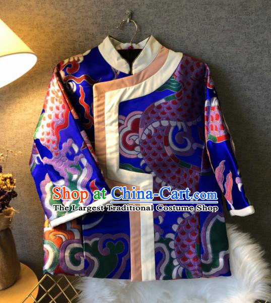 Chinese Traditional National Costume Embroidered Royalblue Jacket Tang Suit Outer Garment for Women