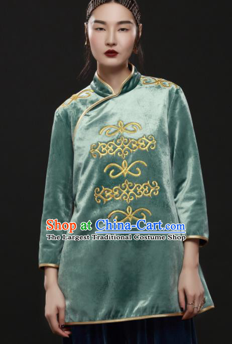 Chinese Traditional National Costume Embroidered Green Jacket Tang Suit Upper Outer Garment for Women