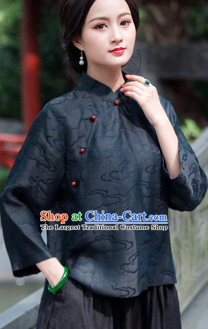 Chinese Traditional Upper Outer Garment National Costume Tang Suit Embroidered Navy Blouse for Women