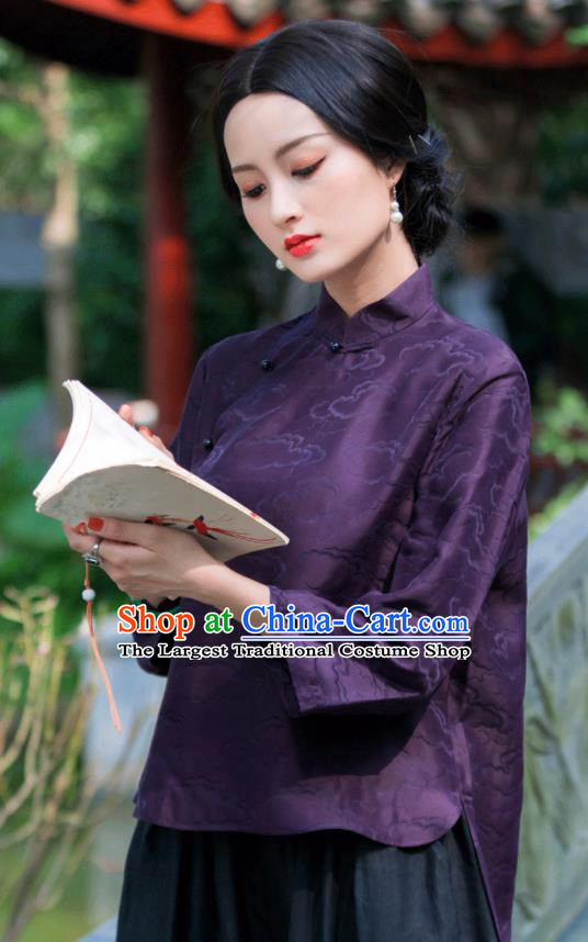 Chinese Traditional Upper Outer Garment National Costume Tang Suit Embroidered Purple Blouse for Women