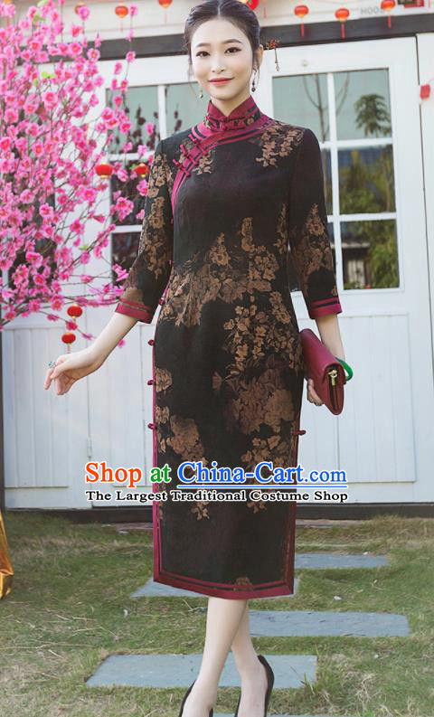 Chinese Traditional Tang Suit Printing Black Silk Qipao Dress National Costume Cheongsam for Women