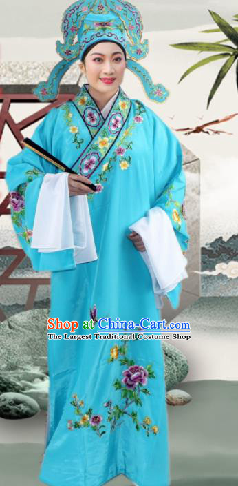 Chinese Ancient Nobility Childe Blue Embroidered Robe Traditional Peking Opera Niche Costume for Men