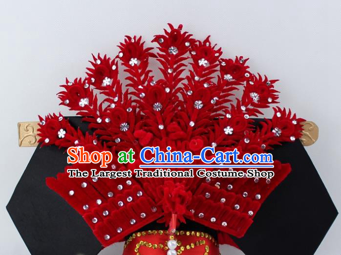 Chinese Ancient Qing Dynasty Queen Red Velvet Phoenix Hairpins Traditional Peking Opera Artiste Headwear for Women