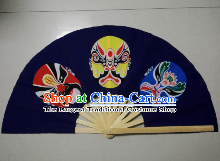 Chinese Traditional Sichuan Opera Blue Fans Handmade Folding Fan for Men